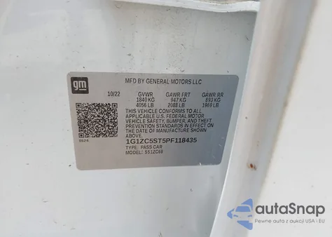 2023 Chevrolet Malibu Fwd 1Fl z USA, uszkodzony, nr VIN 1G1ZC5ST5PF118435